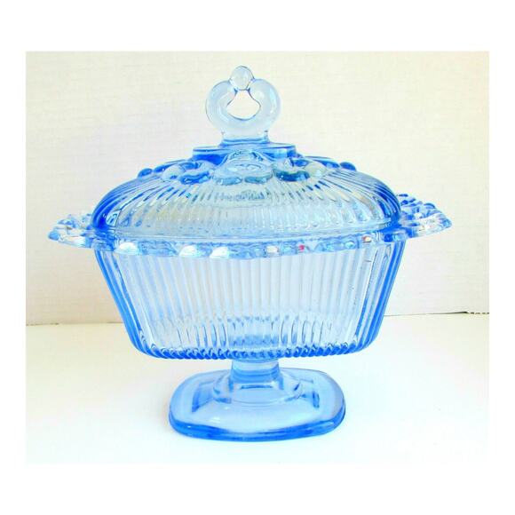 Ice Blue Glass Open Lace Edge Candy Dish Compote with Lid by Indiana Glass - Picture 3 of 5